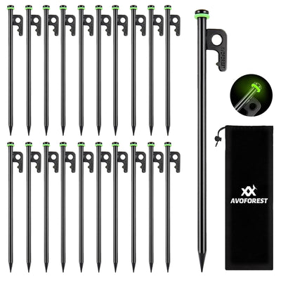 AVOFOREST 12Inch Heavy Duty Tent Stakes20 PCS Tent Pegs Metal+Fluorescent Silicone Rings+ Storage Bag for Camping (20pcs)