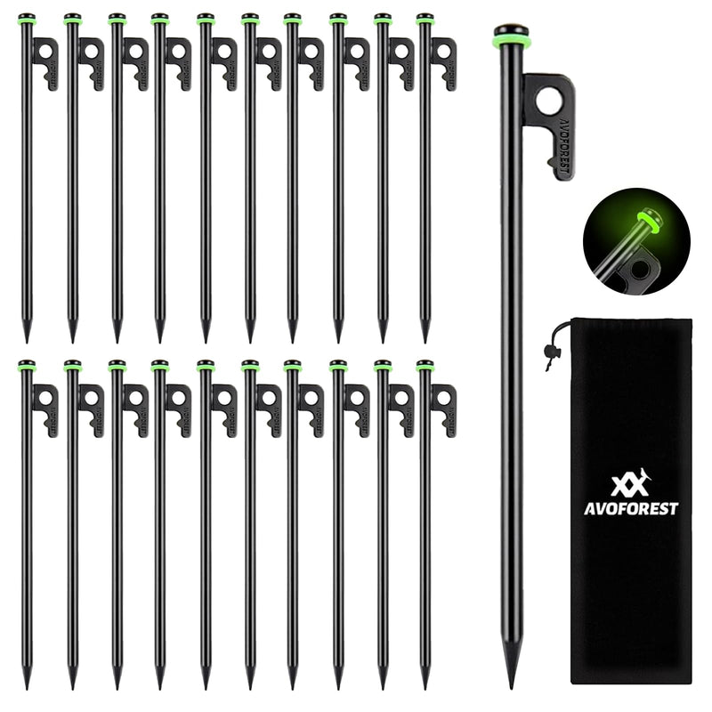 AVOFOREST 12Inch Heavy Duty Tent Stakes20 PCS Tent Pegs Metal+Fluorescent Silicone Rings+ Storage Bag for Camping (20pcs)