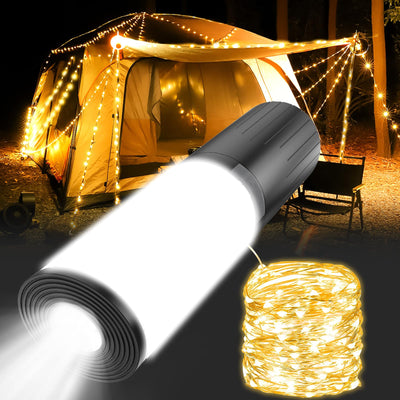 Camping String Lights 4 in 1 Outdoor String Lights with 9 Light Modes(50Ft) LED String Lights Waterproof IPX6 Portable Camping Lantern Rechargeable for TentCampingYardDecoration-Warm White