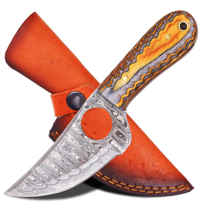 Ancilla Handmade Damascus Hunting knife - EDC Camping Knife - Fixed blade Mini Pocket knife - Full Tang Bushcraft Camping and Skining knife with leather sheath - Predator Hunter Viking Knife