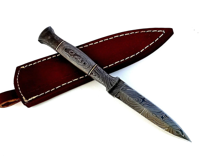 EDC FullTang Handmade Damascus Steel Hunting Skinning Camping Fishing double edged dagger combat Boot knife With leather sheath