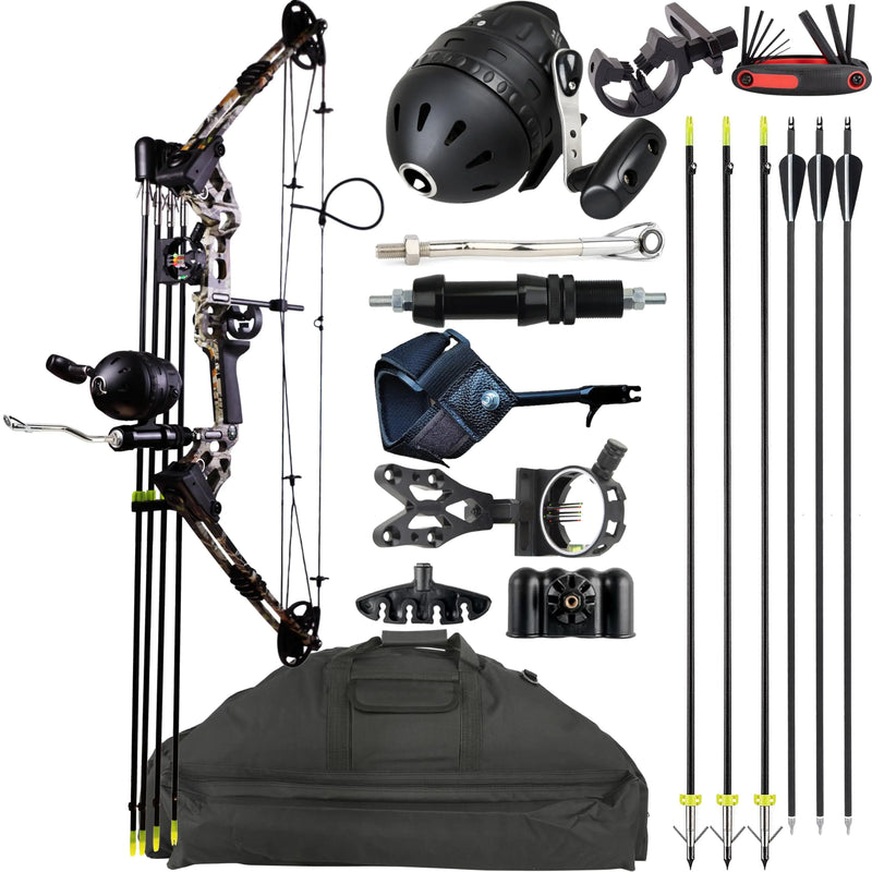 CENWTY Compound Bow Fishing Combo Kit 20-70 LBS Hunting Bow with Bowfishing Arrow and Fishing Reel for Bowfishing Archery Hunting Complete Compound Bow Fishing Kit (Right-Handed Camo)